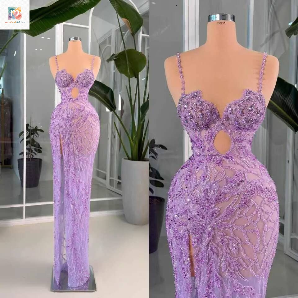 Sexy Spaghetti Strap Mermaid Prom Dress Purple 3D Flower Appliques Lace Evening Celebrity Gowns Customized Robe De Mb017
