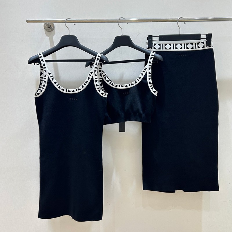 Luxury Women Cropped Tank Tops Contrast Color Sexy Mini Pencil Dresses Summer Vacation Dinner Party Wrap Hip Skirts
