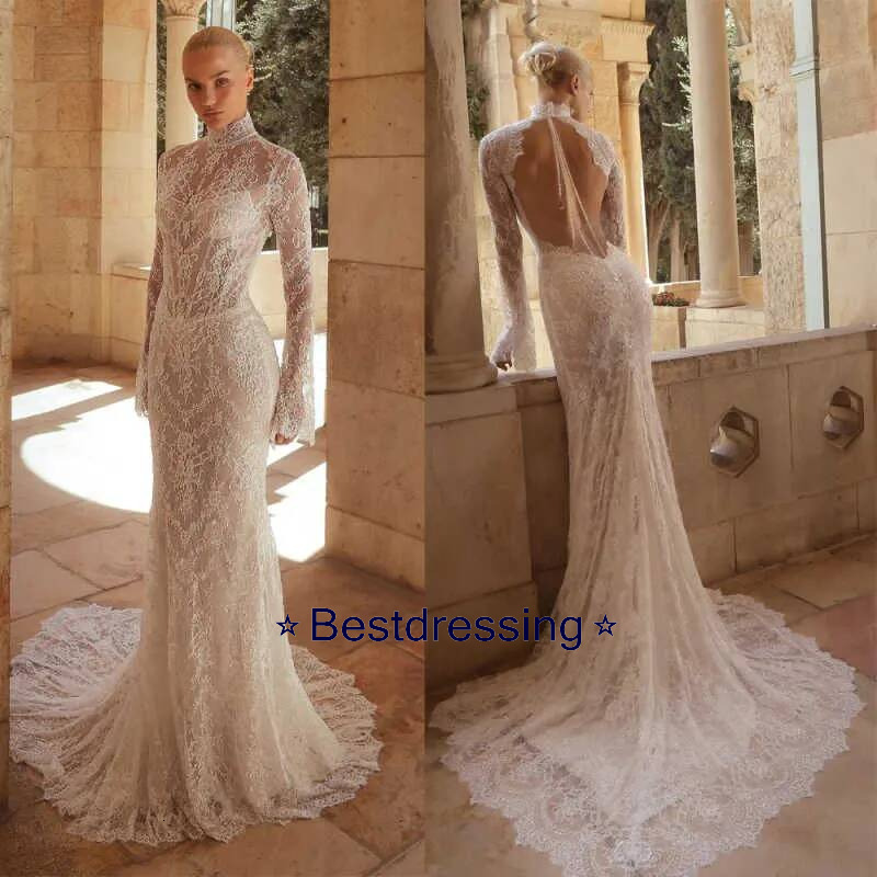 Illusion Mermaid Wedding Dresses High Neck Long Sleeve Lace Appliques Bridal Gowns Customized Sexy Open Back Bride Dress Bd017