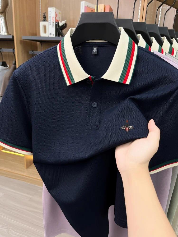 High End Silk Cotton Short Sleeve Polo Shirt Men's Fashion Color Blocking Design Luxury Brand Bee Embroidery Casual T-shirt