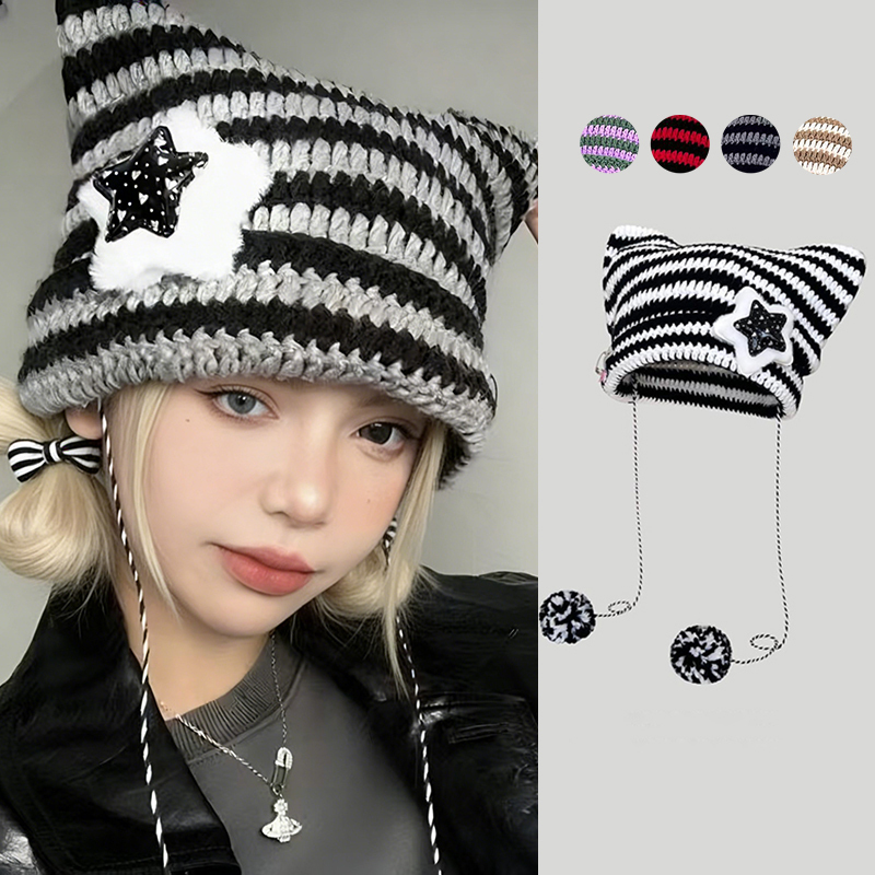 Y2K Cute Cat Ears Beanie Hat Winter Striped Korean Punk Gothic Wool Knitted Streetwear Crochet Bucket Cap J260511