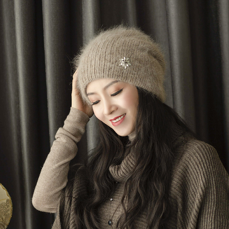 2023 New Luxury Rhinestone Beanie Women Winter Fashion Warm Real Rabbit Fur Knit Hats Adult Ear Protection Cover Head Cap J260511