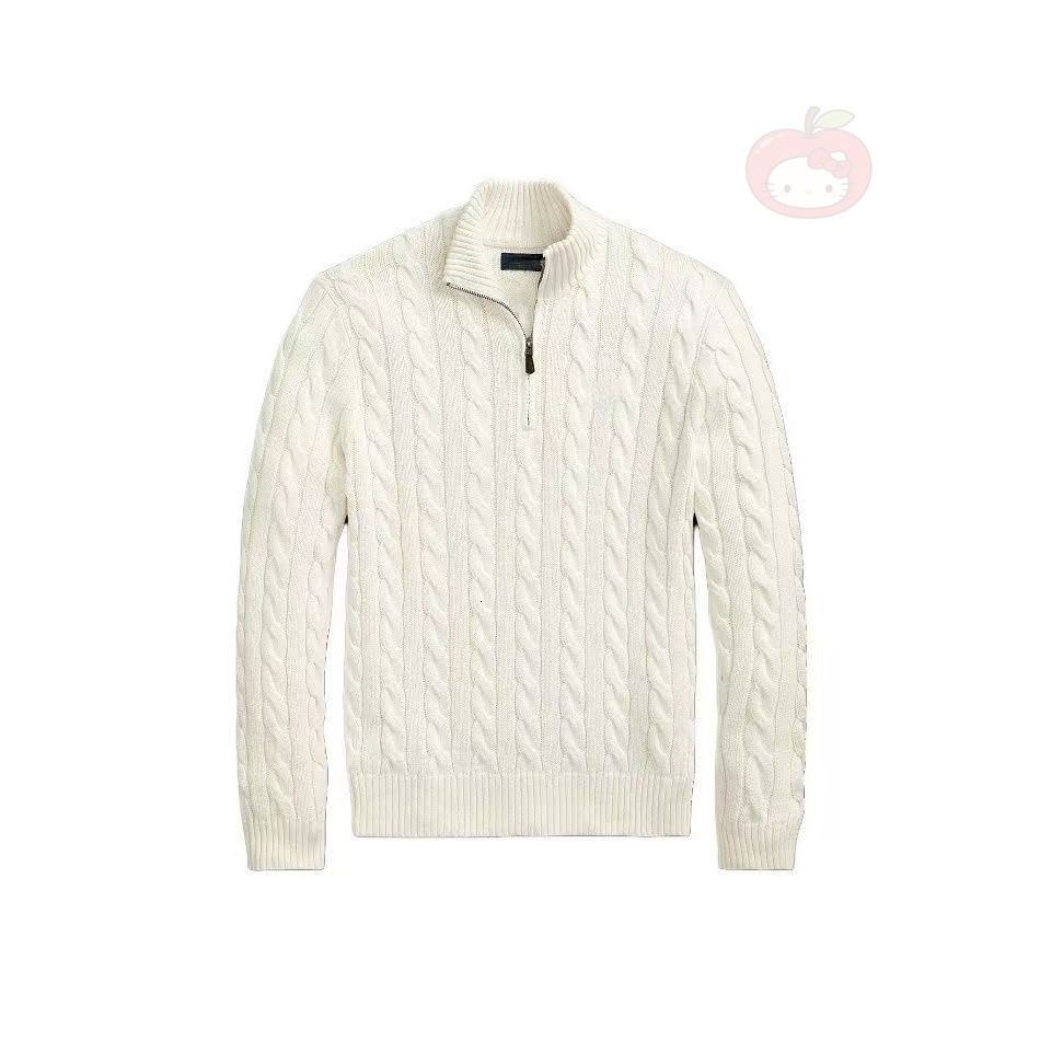 Autumn Winter Men Cable Knit Sweater Half Turtleneck Zipper Embroidered Raffia Pony Label Casual Knitted Top