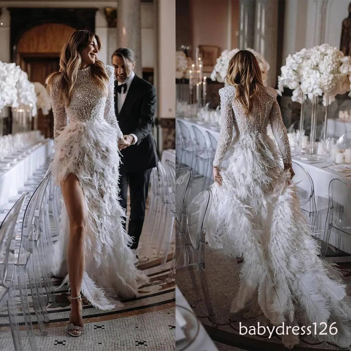 Luxury Mermaid Wedding Dresses Jewel Pearls High Waist Long Sleeves Feathers Court Custom Made Plus Size Zipper Bridal Gown Vestidos De Novia