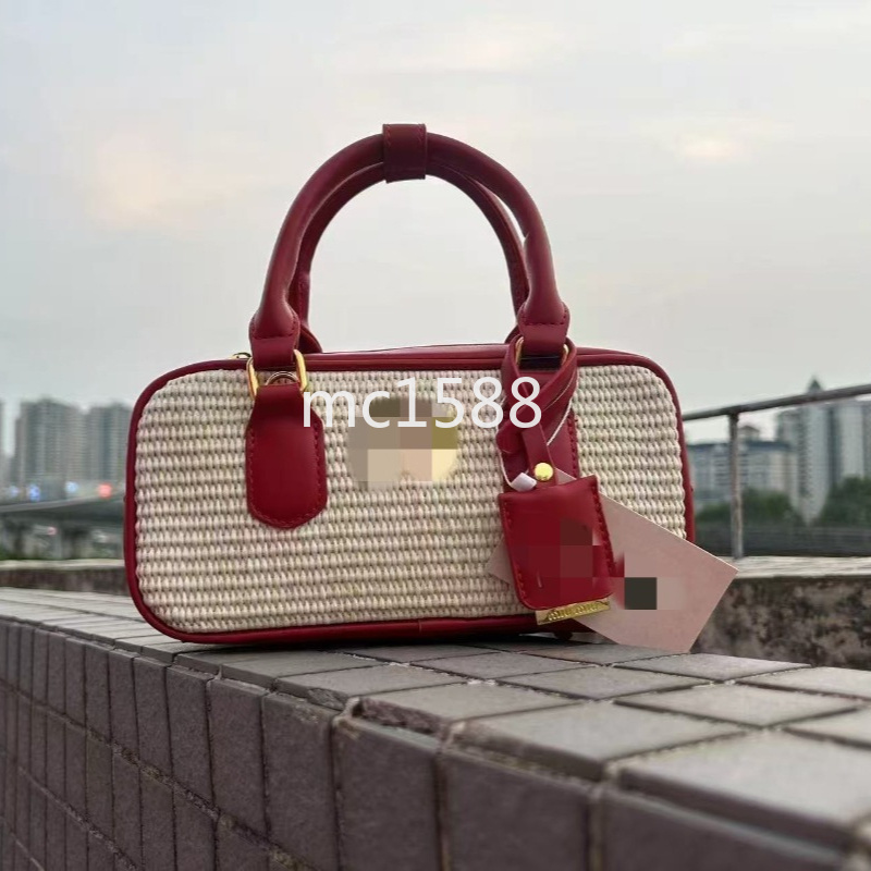 Fashion Women Straw Woven Top Handle Bag Contrast Leather Summer Vacation Beach Crossbody Handbag with logo 813