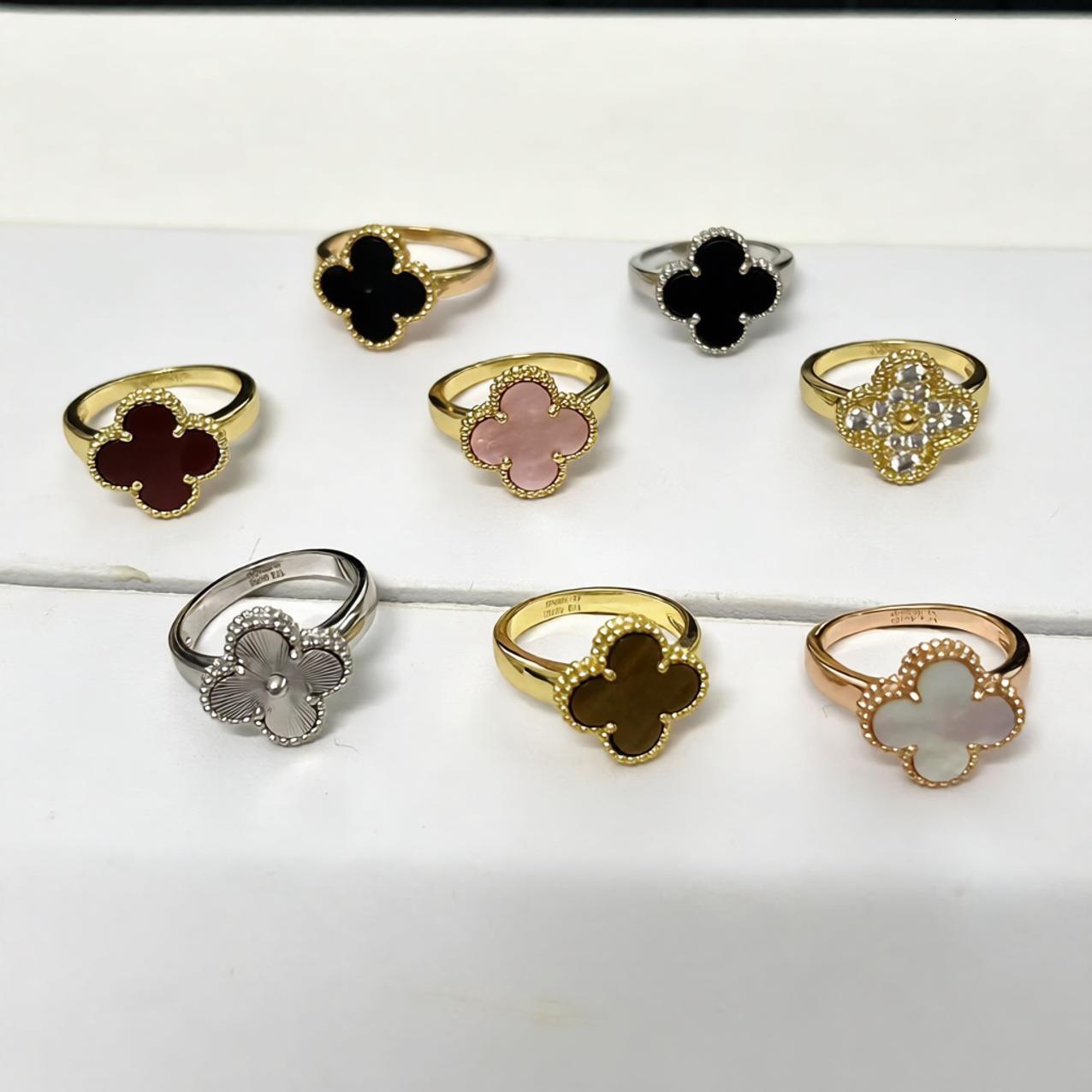 Designer Jewelry vanly cliff rings Four-Leaf Clover Ring With Black Agate Plated 18K Rose Gold Red Agate Birthday Gift Light Luxury Fashion Versatil