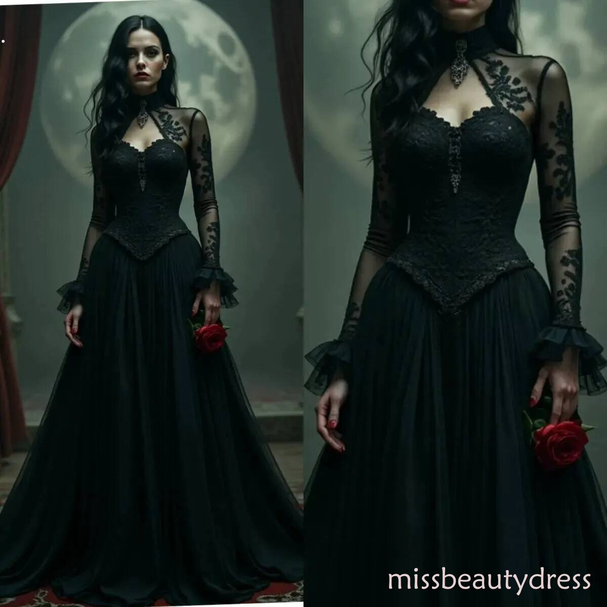 Long Sleeves Black Gothic Wedding Dresses A Line Keyhole High Collar Vintage Bridal Gown Lace Appliques Princess Waist