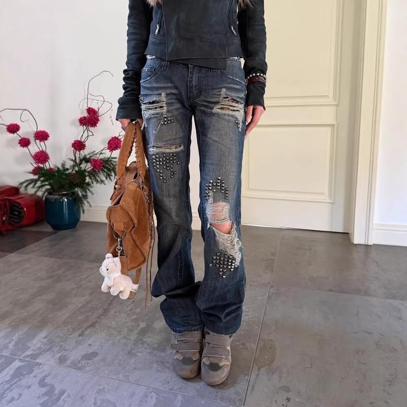 Jeans Flare vintage Y2K pour femmes, pantalons en denim déchiré en détresse, pantalons à jambes larges mi-hauteur lavés vintage High-Street