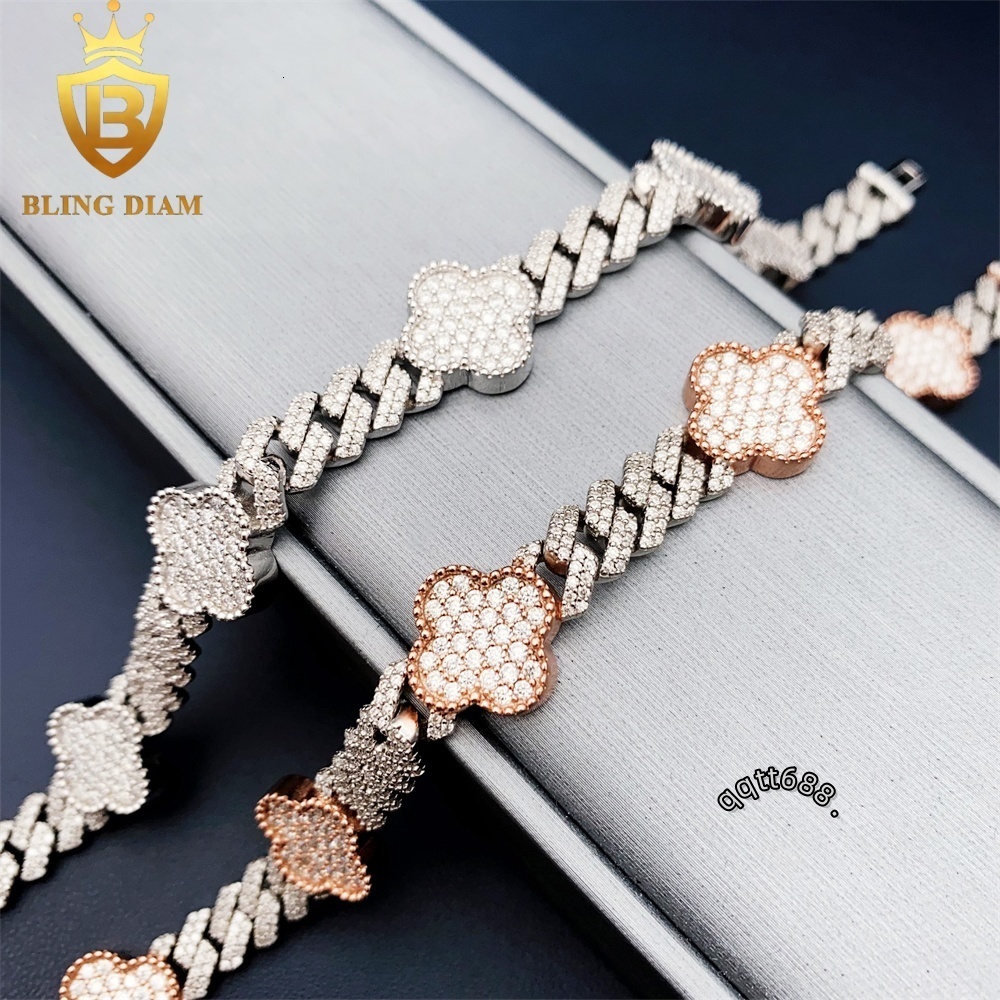 8mm 925 Sterling Silver Fine Jewelry Moissanite Four Leaf Clover-Bracelet 2 Tones Charm Cuban Chain Iced Out