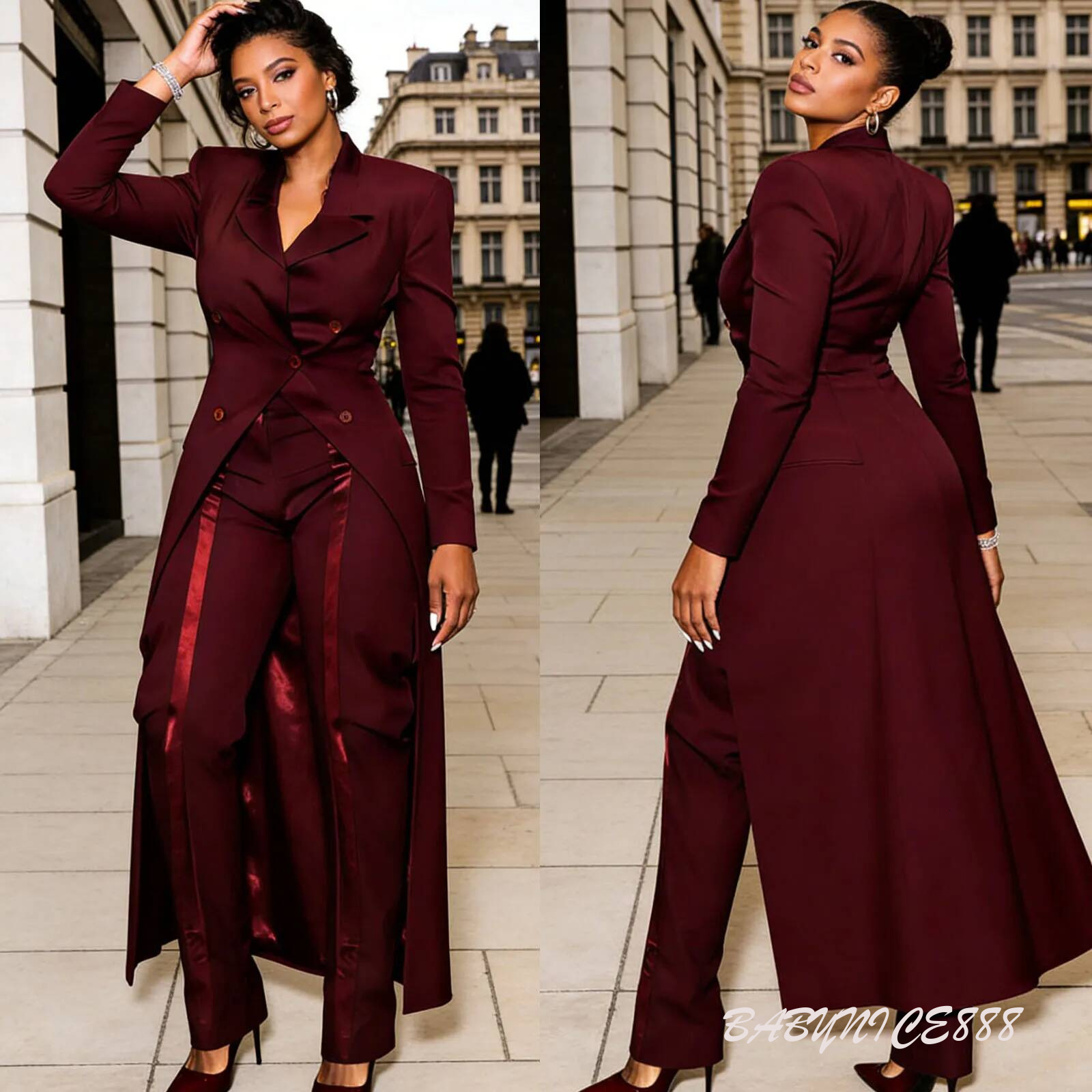 New Burgundy Double Breasted Women Long Blazer 2 Pieces Plus Size Formal Business Overcoat Suits Coat Customized Party Outfit