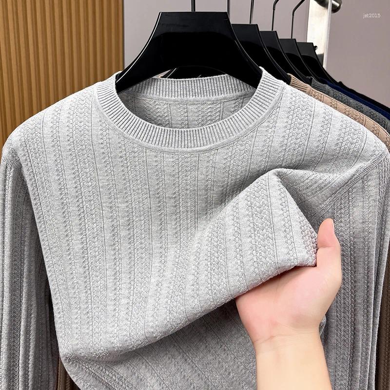 Pure Cotton Fashion Knitted Round Neck Sweater High-quality Solid Color Jacquard Casual Pullover Comfort Men's Clothing
