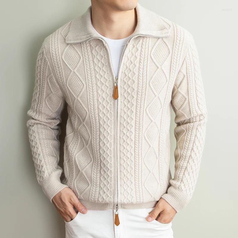 Light Luxury Men's Lapel Knitted Sweater Coat Personality Jacquard Fashion Double Zipper Solid Color Thicken Warm Cardigan