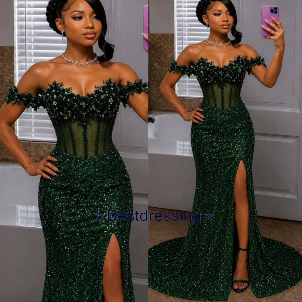 Aso Ebi Dark Green Mermaid Prom 2026 Beaded Crystals High Split Evening Dresses Birthday Formal Party Reception Second Long Dinner Dress Gowns Z1237