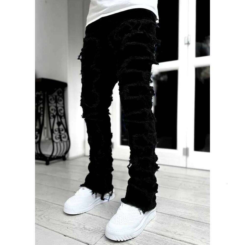 Men Jeans Fashion Streetwear Men's Regular Stacked Jeans Ripped Slim trousers Fit Patch Distressed Destroyed Straight Denim Pants 2026 S 3Xl De