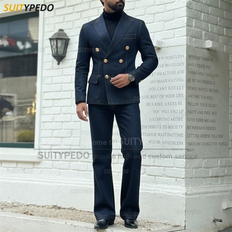 Classic Denim Suit Sets For Men Evening Dinner Fashion Double Breasted Blazer Pants 2 Pieces Homecoming Male Formal Tuxedos y260929