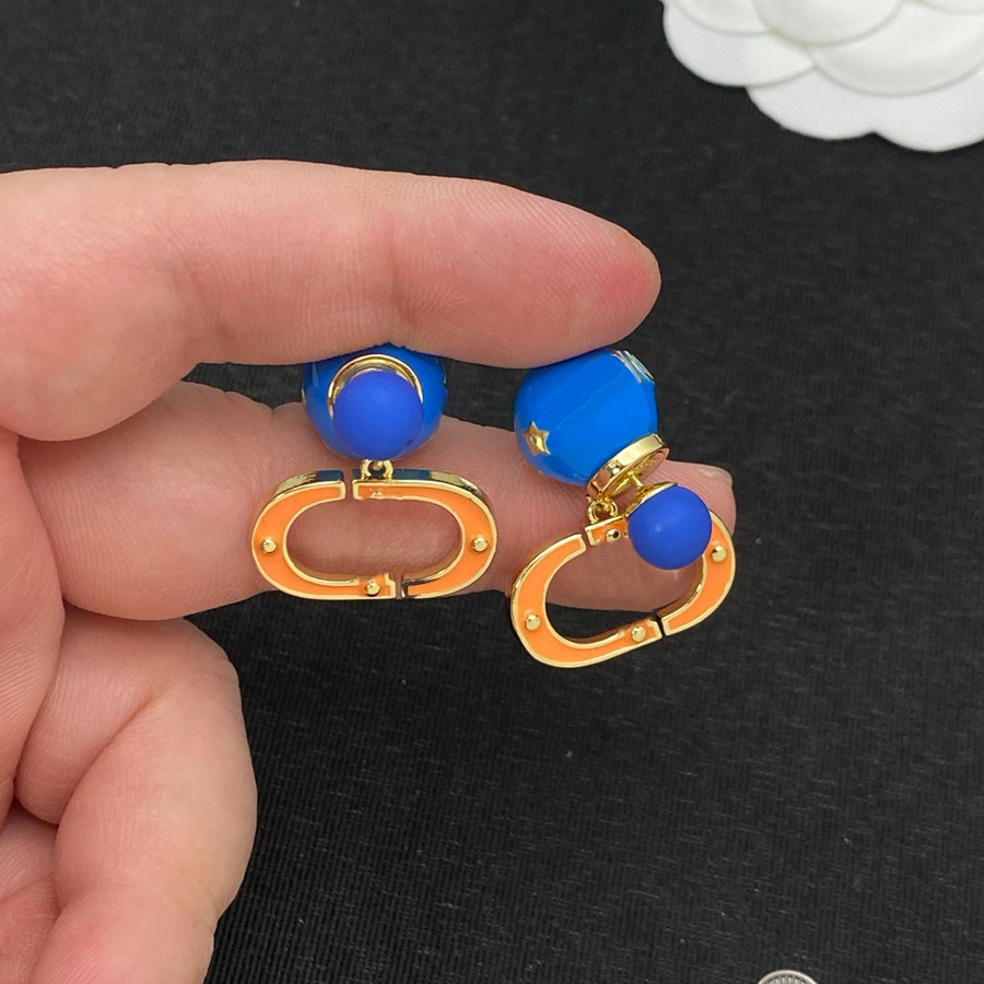 Women Elegant Double Sided Matte Round Bead Drop Earrings Gold Plated Hollow Geometric Frame With Orange Enamel Decor Trendy Color Contrast Ear Jewe
