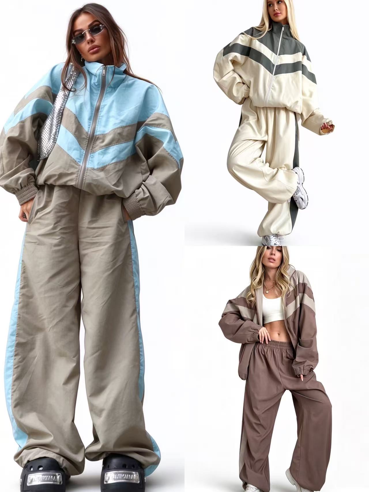 Designer Women Tracksuits 2 Piece Outfit Color Block Zip Hooded Top Elastic Waist Trousers Casual Loose Sports Pant Suit For Daily Wear