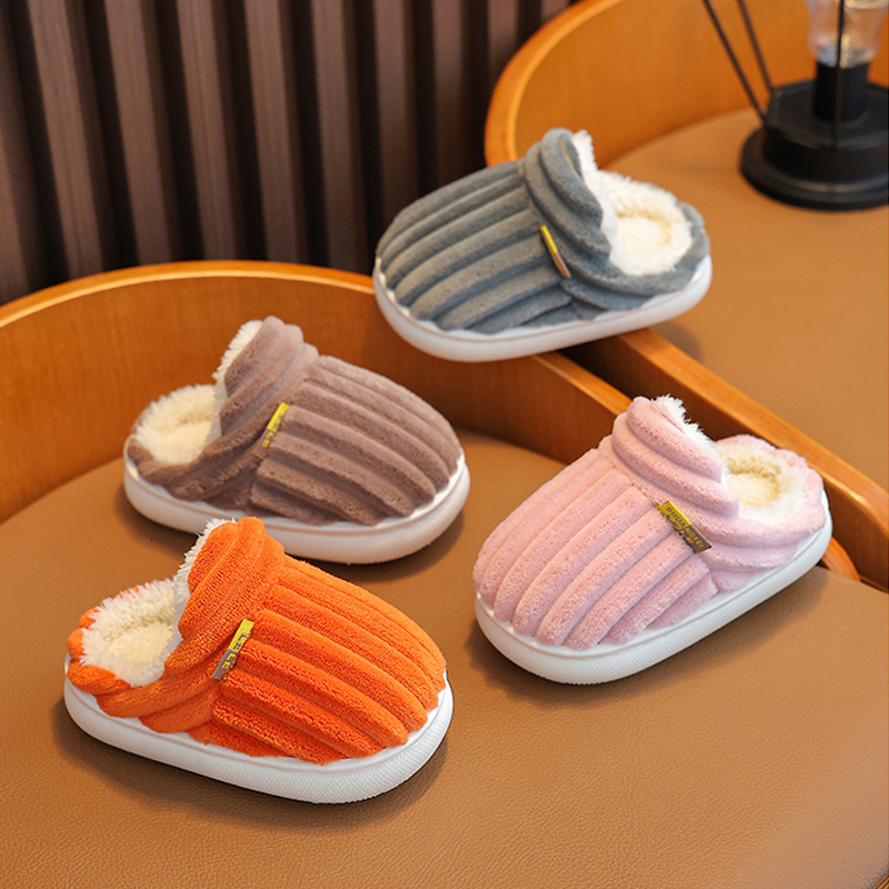 2024 Winter Concise Stripe Plush Slippers Children's Non-slip Soft Indoor Fluffy Mule For Boys Girls Warm Kids Home Cotton Shoes J261019