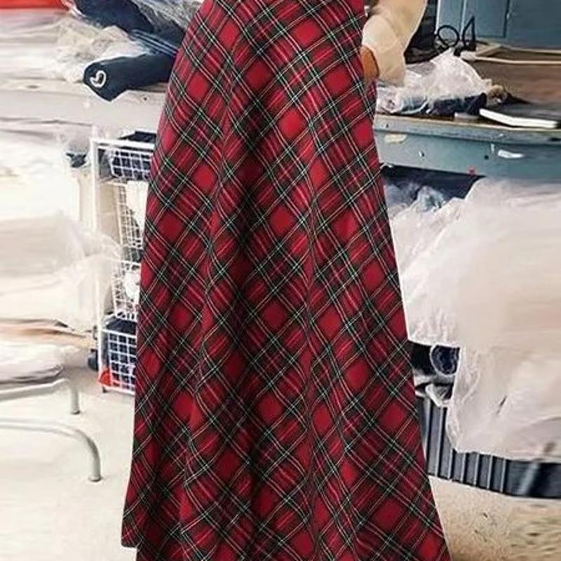 Women's High Waist Plaid A-Line Long Skirt Casual Loose Slimming Plus Size Maxi Skirt For Fall Daily Wear