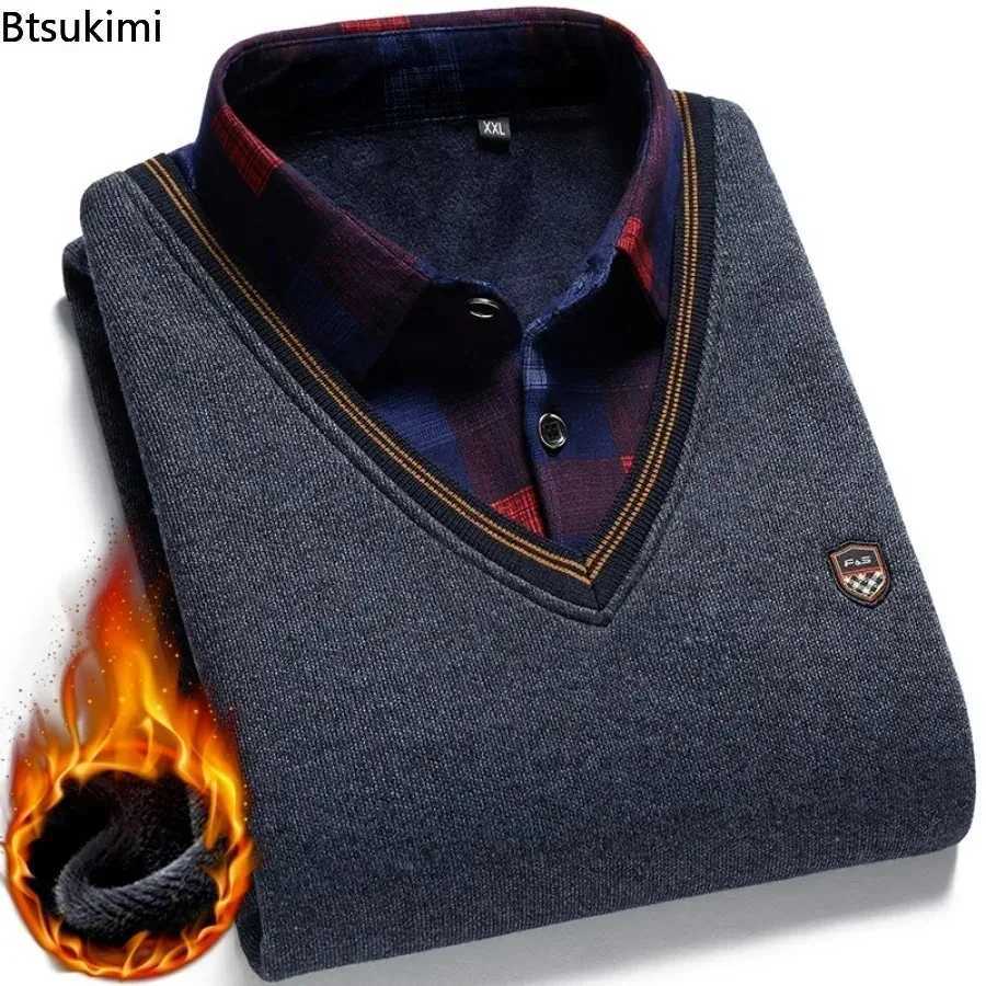 2025 Autumn Winter Men's New Wool Shirt-Neck Sweater Fashionable Plaid Solid Thickened Warm Flce High Quty Versatile Casual M261016