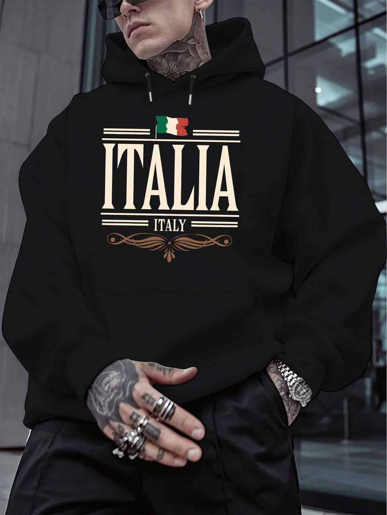 Italian New Fashion Men's Printed Autumn and Winter Fleece Sweater Spring and Autumn Versatile Loose Hooded Trendy Sweater Plus Size T261019