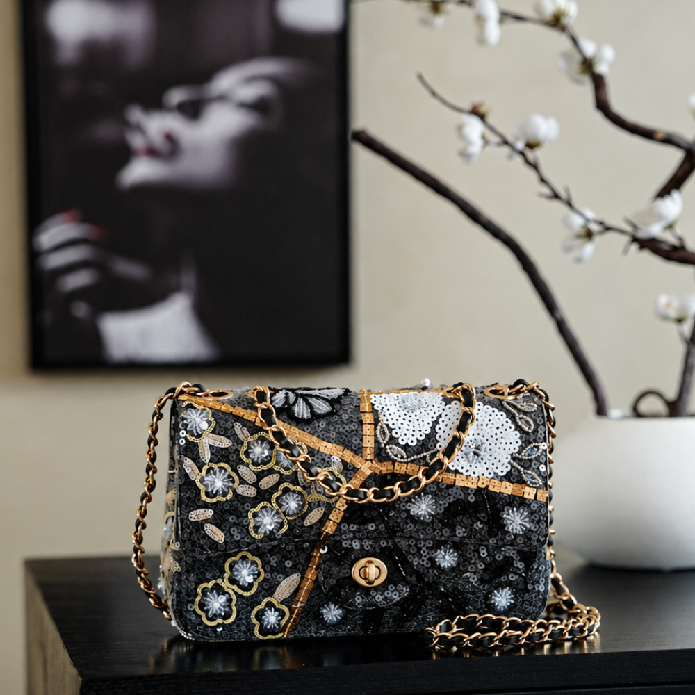 Mini Flap Shoulder Bag Satin Floral Embroidery Sequin Beaded Chain Strap Elegant Evening Party Top-Tier Designer Bag