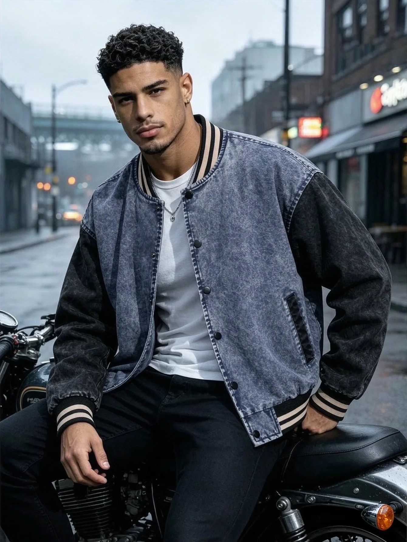 Men's Vintage Washed Denim Varsity Jacket Color Block Button Coat Loose Fit Casual Autumn Winter Outerwear T261019