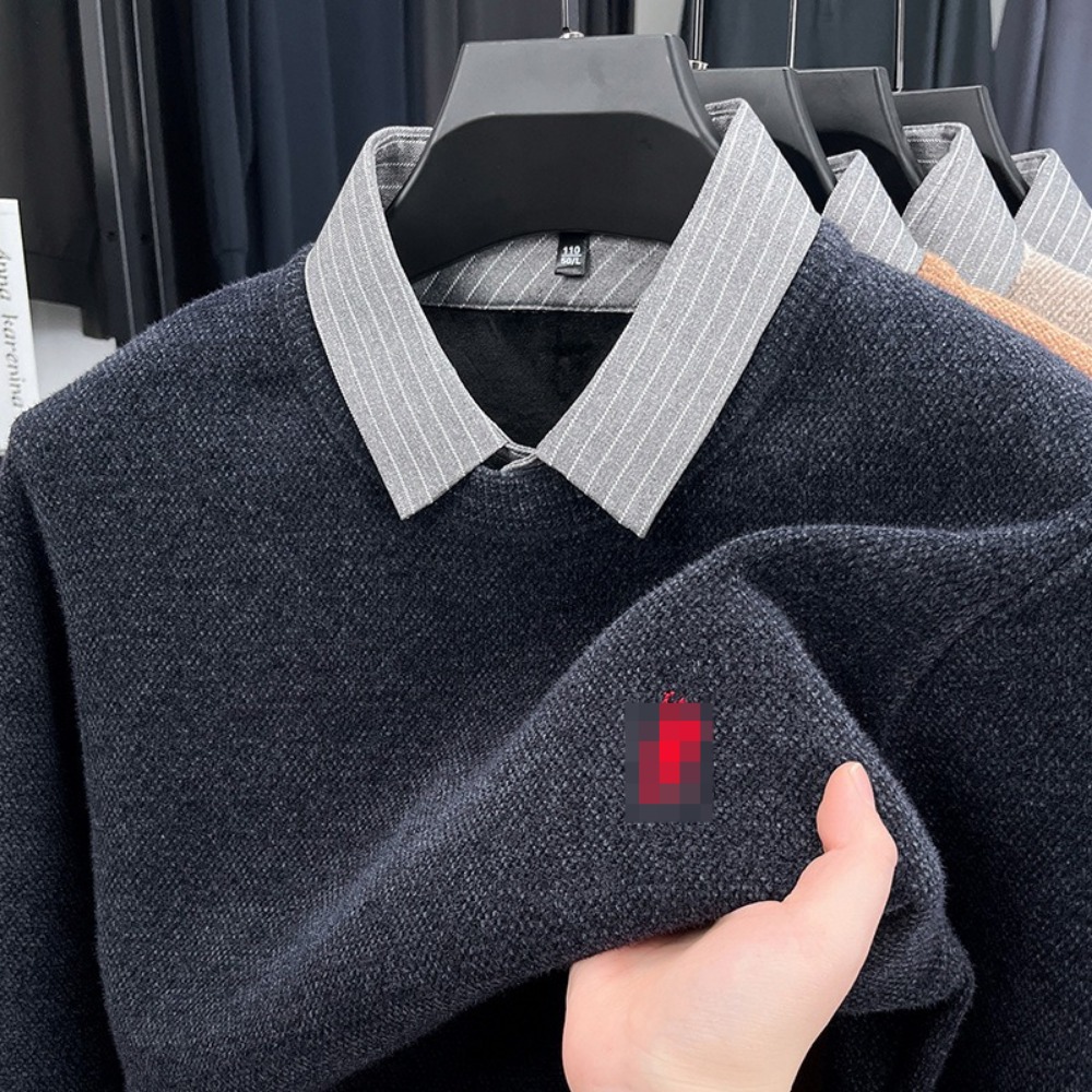 Knitted Bottoming Shirt Autumn and Winter Men Sweater Shirt Collar Fake Two Tops Men's Winter Fashion Warm Long Sleeves