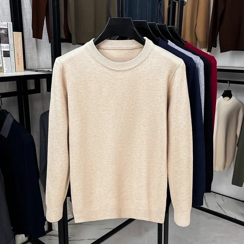Soft Knit Men Crew Neck LongSleeve Sweater SolidColor Plain Pullover Casual Business Basic Knitwear for Men 261019