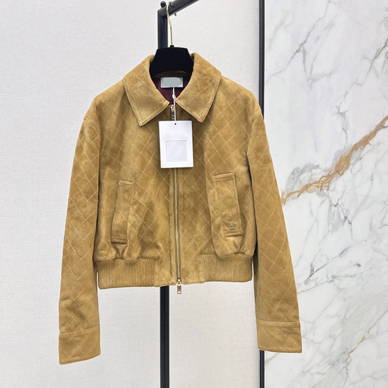 Women Cropped Suede Diamond Zip Up Jacket Lapel Collar Long Sleeve Vintage Bomber Coat Autumn Casual Maillard Style High End Outerwear