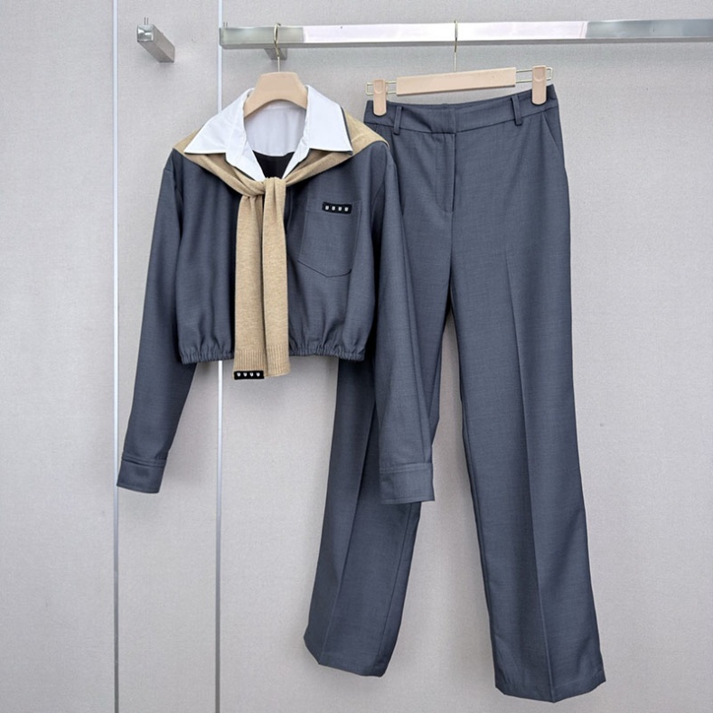 Women 2 Piece Outfit Set Fake Two Piece Collared Crop Top Knit Scarf Autumn Straight Leg Pants Long Sleeve Casual Business Matching Suit