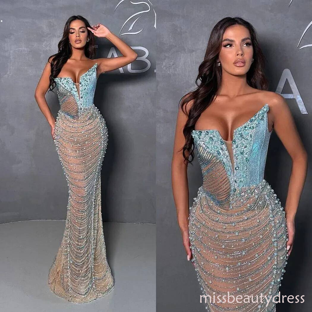 Designer Evening Dresses For Women Sweetheart Neck Sleeveless Gown Crystal Beaded Sequins See Through Floor Length Party Customized Dress