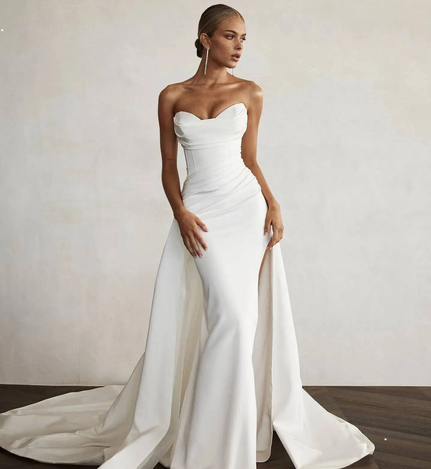 Modern Mermaid Wedding Dresses 2026 Sweetheart Front Slit Satin Bridal Gowns Detachable Train Robe De Mariee Women New Boho
