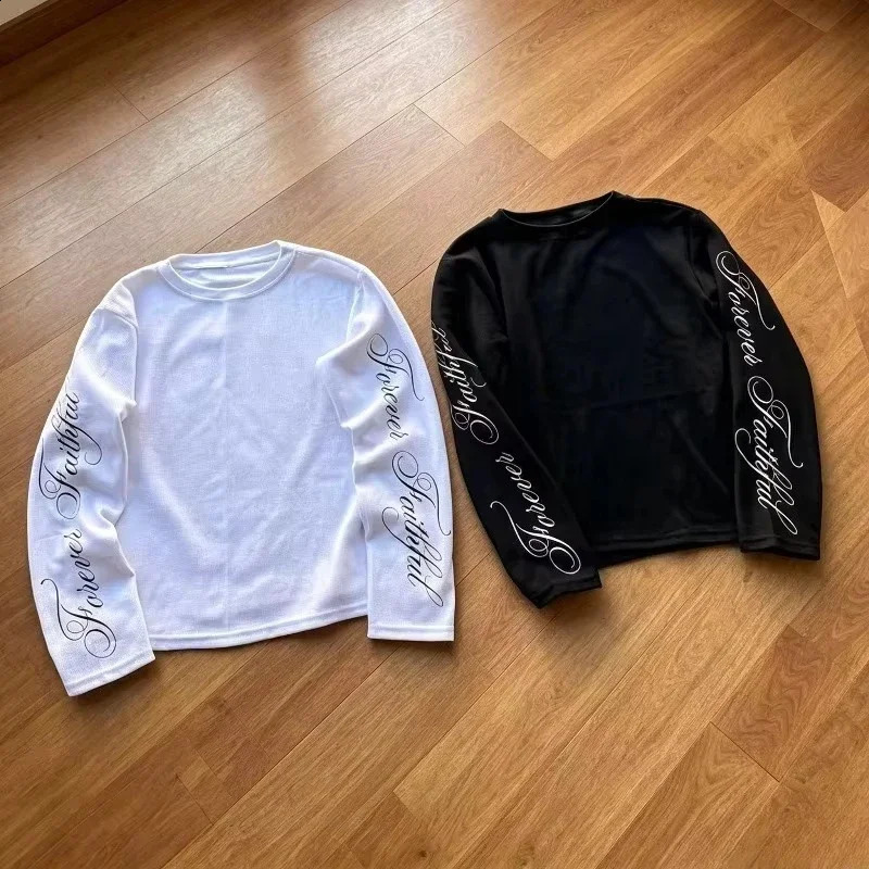 2026 Spring American RetroY2K Long Sleeve T-shirt Unisex Round Neck Sleeve Cursive Letter Print Casual Breathable Streetwear Top 261017