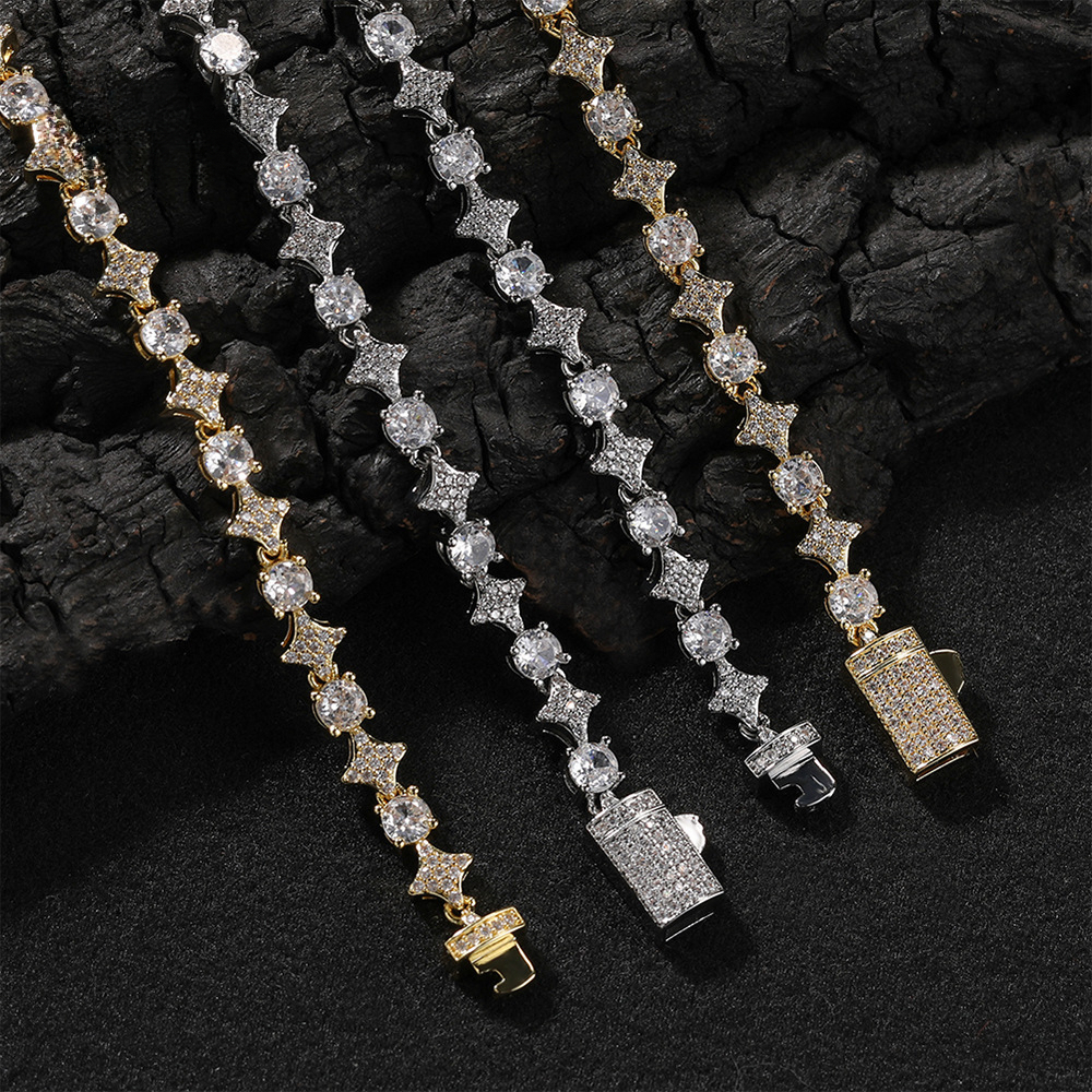 VVS GRA 10K 14K 18K S925 and American Fashion 6mm Star Tennis Chain Necklace for Men Copper Inlaid Zircon Hip-hop Personality Bracelet 1 in Stock
