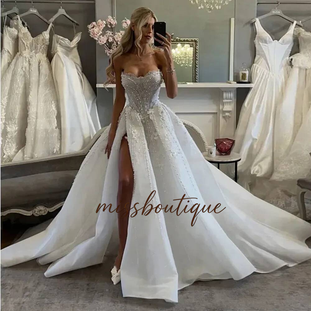 Romantic Luxury Lace Pearl Sweetheart A Line Princess Wedding High Quality Bridal Ball Dress Q019