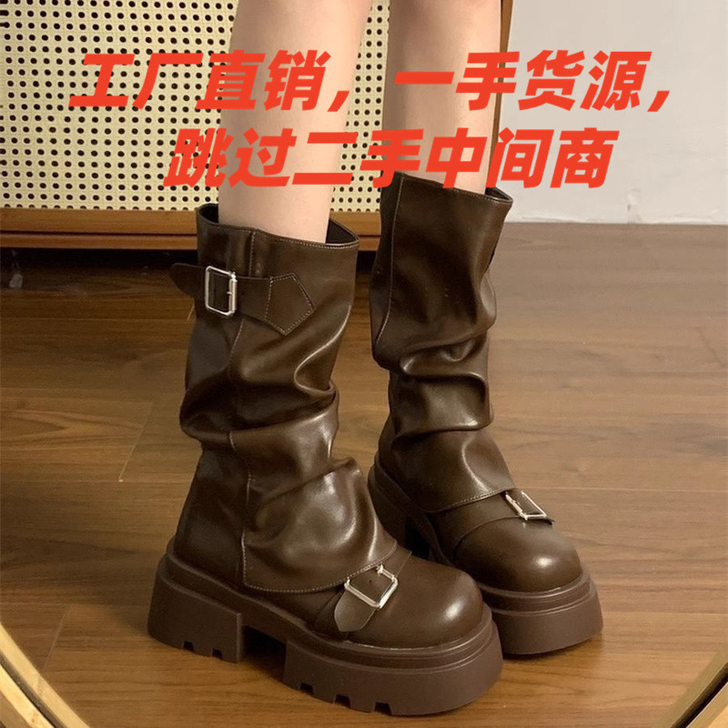 New Women's Brown Vintage Boots Thick Sole Height Increasing Spring Autumn Shoes dh1103699101