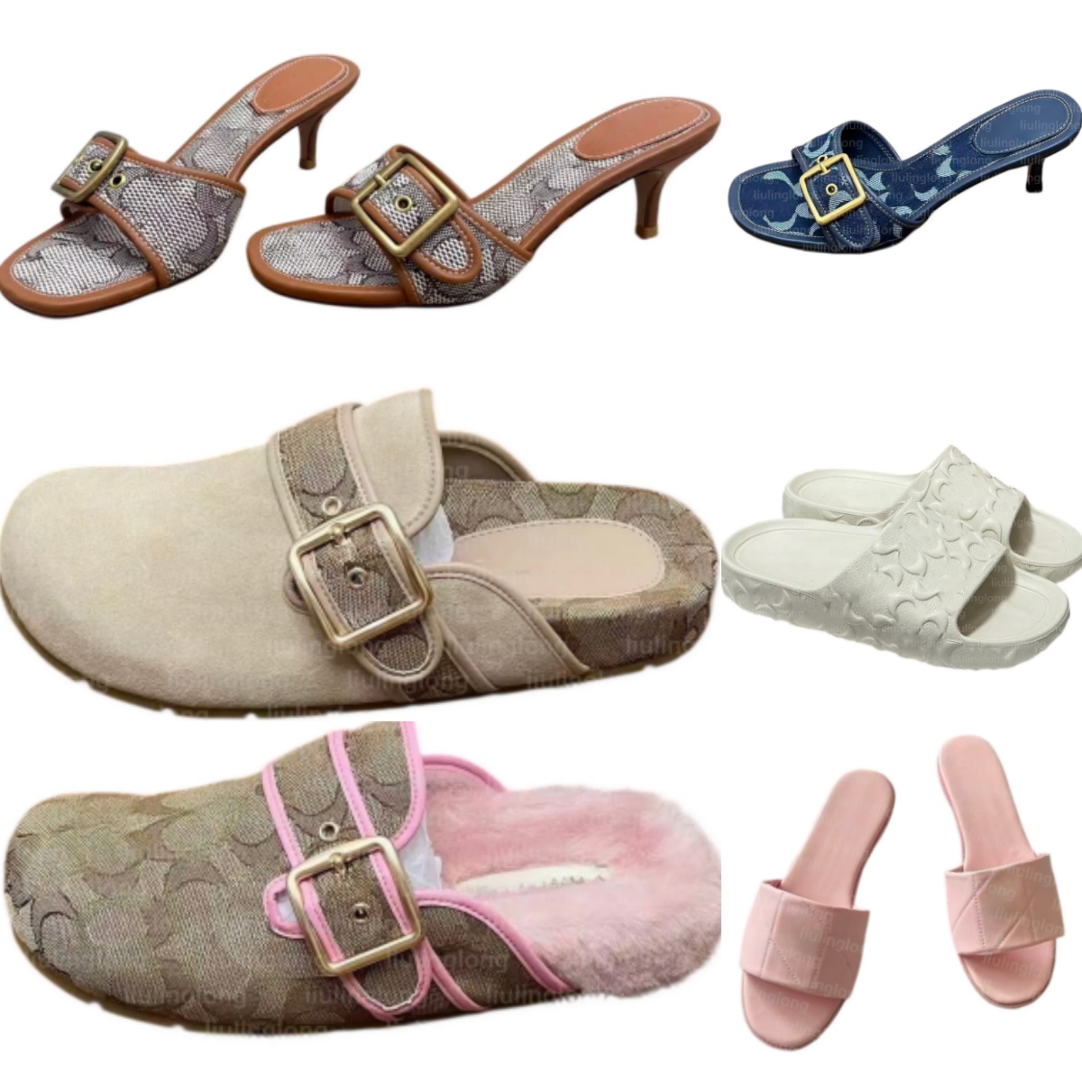 Women denim jacquard slide sandals designer shoes luxury high heel mules vintage pattern gold buckle heeled slippers summer slippers sandals 35-42