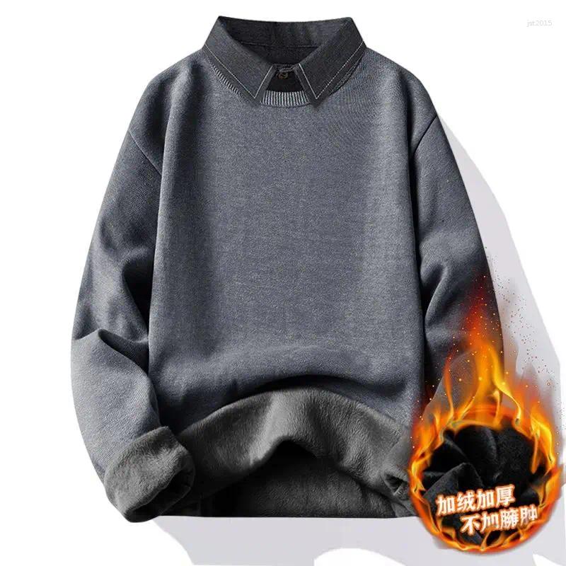 Men Shirt Collar Fake Two Piece Fleece Sweater Autumn Winter Thick Warm Knit Tops