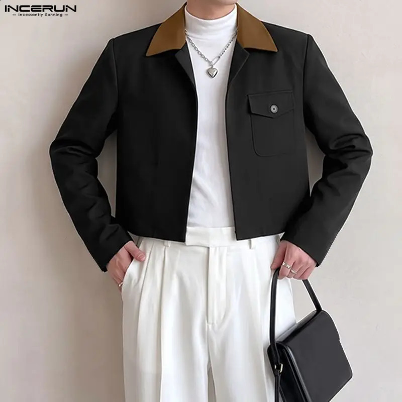 Fashion Men's Jackets Patchwork Color-block Lapel Long Sleeve Streetwear Crop Coats For Man Open Stitch Male Outerwear INCERUN 261014