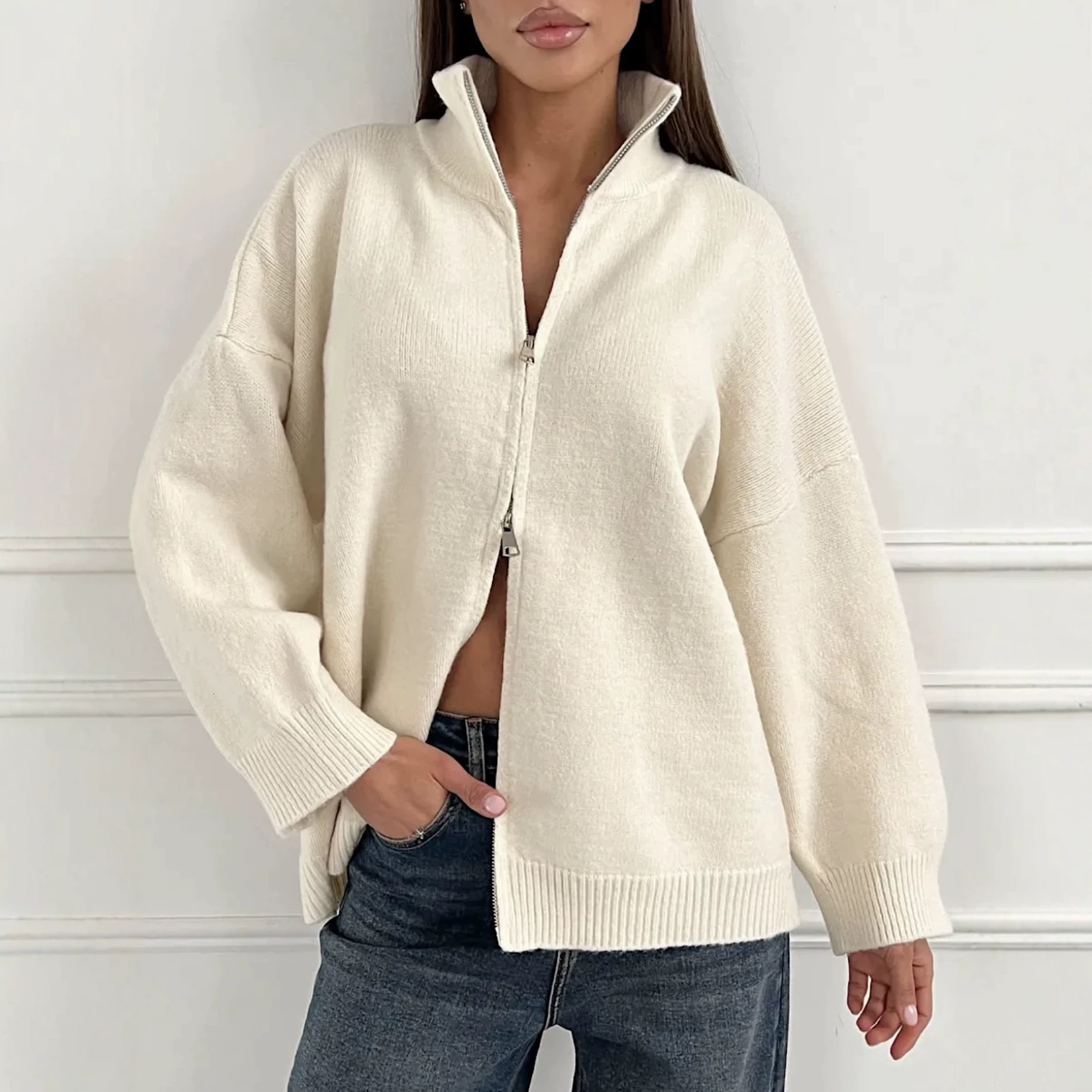 European and American style, plus-size, loose-fitting, oversized, double-zipper design, long-sleeved, thick knitted cardigan sweater for women, whol