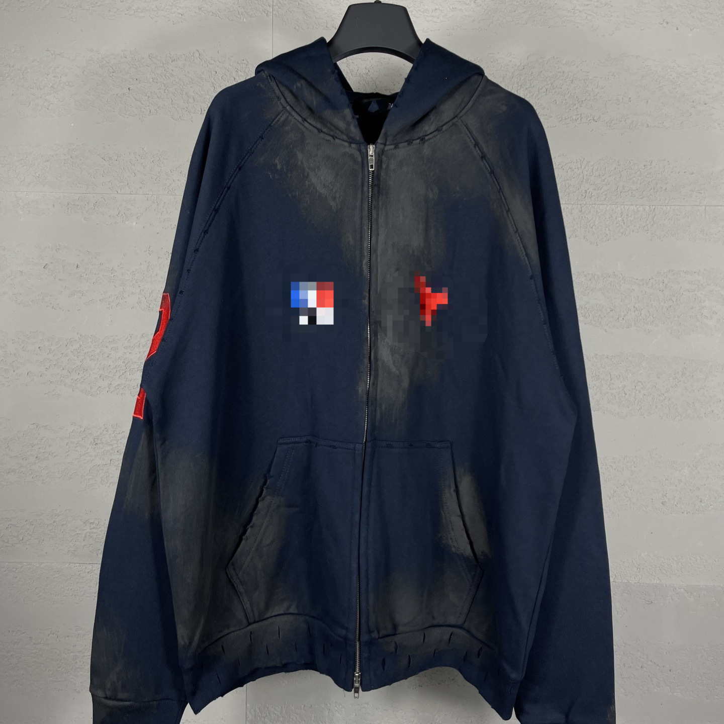 Cross-border, popular designer luxury style, high-quality version of the B brand 25SS Mustang polo embroidered distressed zip-up hoodie, unisex