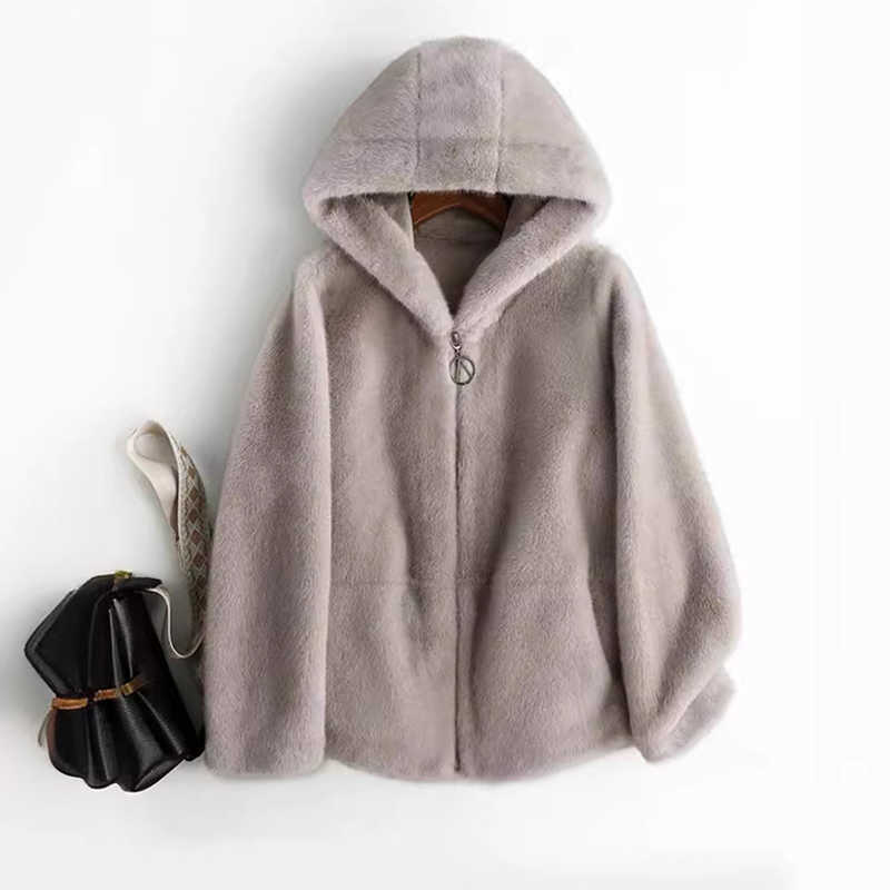 Short Women's Hooded Mink Fur Coat 2026 Winter Thick Warm Zipper Plush Jackets Quty Solid Thermal Outerwear S26101672D1