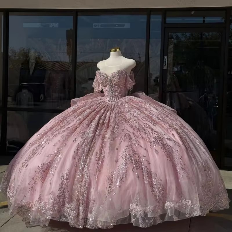 Pink Glitter Quinceanera Dresses Off Shoulder Ball Gown Sweet 16 Dress Applique Lace Beading Crystal Bow Tull Long Tail Party Birthday vestidos 15 a