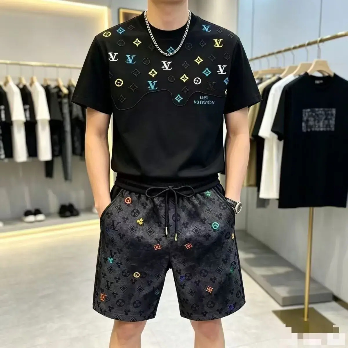 Men Tracksuit Summer Ice Silk Set For swear set Men 2026 New Trendy Short Sleeved T Shirts Thin And Breathable Waffle Pattern Casual Two Piece Sport