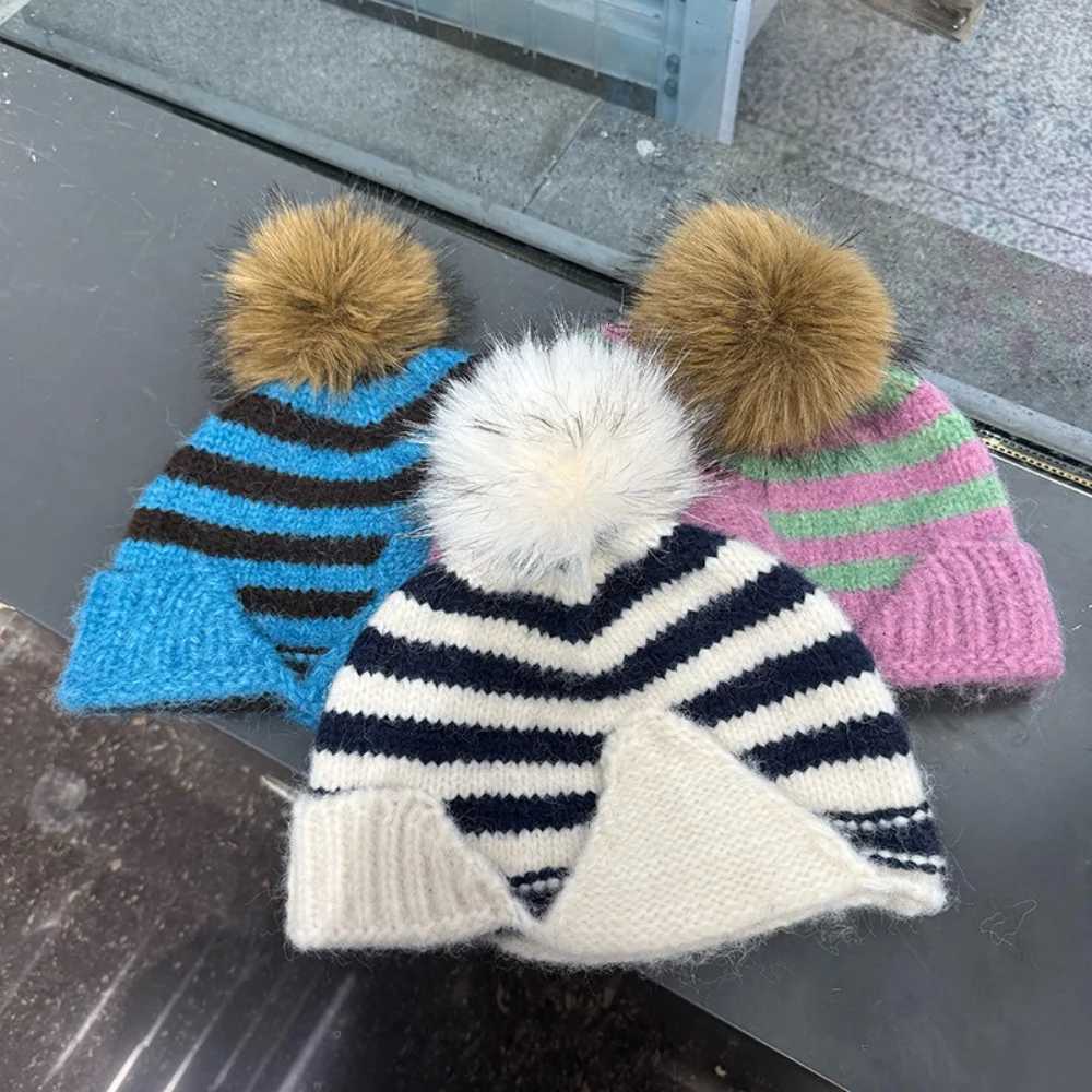 Beanie/Skull Caps Striped pom-pom knit hat for women autumn and winter wool blend bear decoration cuffed thickened warm pullover beanie Q261017