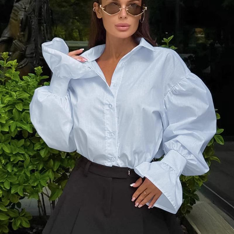 Camicia casual con colletto a punta e bottoni sul davanti per donna Camicetta con maniche a sbuffo volume oversize e polsini svasati a strati Top co