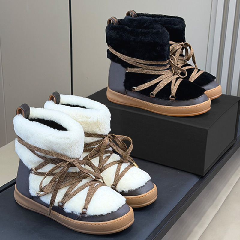 100% real down Designer Boots Women Cloud Lace-Up Ankle Boot Sneaker Winter Shearling Snow Boot Printed Leather Boots Luxury Ski Booties Shoes 1208