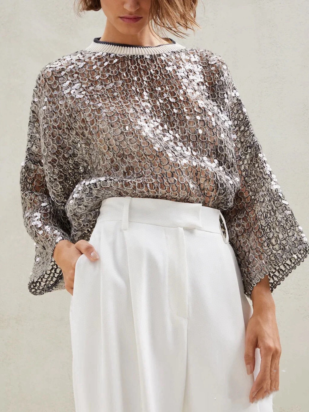 BC Spring Summer New Heavy Fish Scale Sequin Vest Half Skirt Elastic Waist Shorts Loose Long Sleeve Top For Women