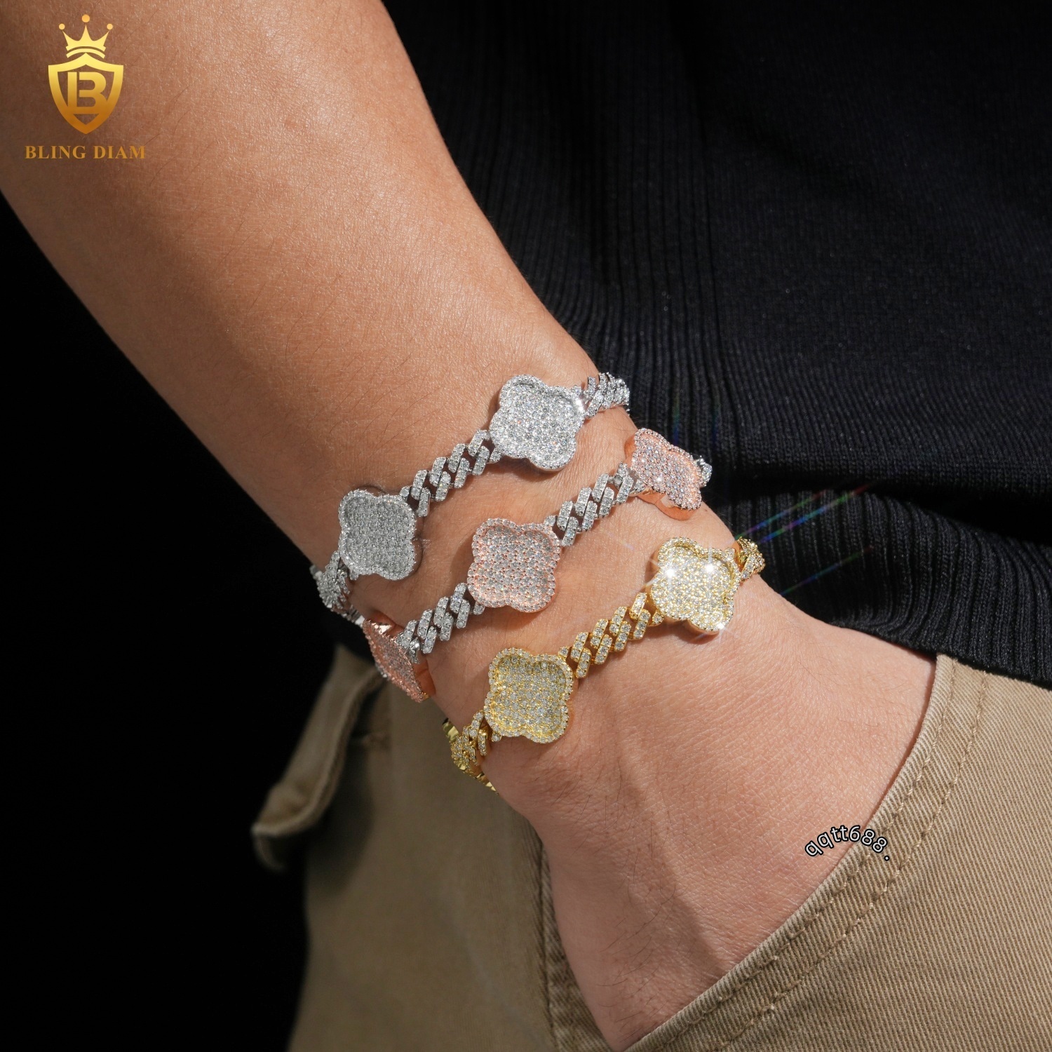 Luxury Charms Bangle Jewelry 6mm 925 Sterling Silver in Rose Gold Vvs Moissanite Four-Leaf Clover Bracelets for Men Women